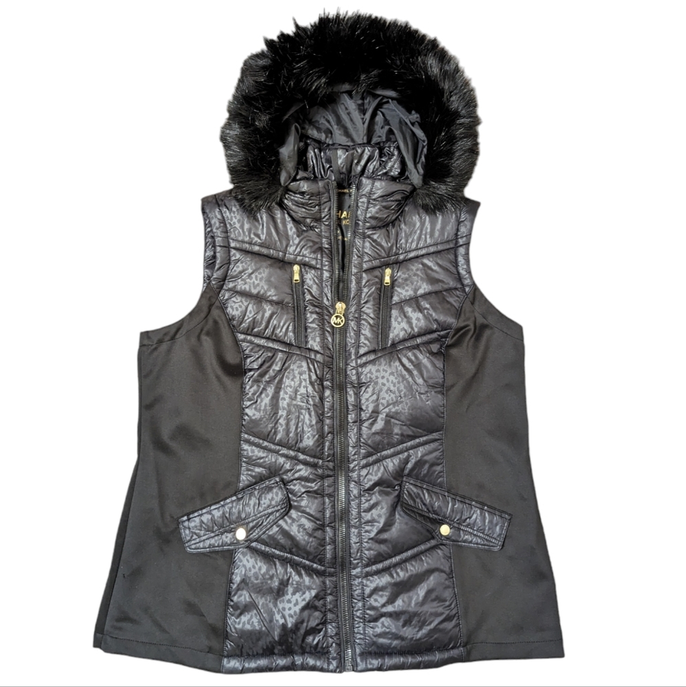 MICHAEL Michael Kors Black Quilted Faux-Fur Hooded Vest